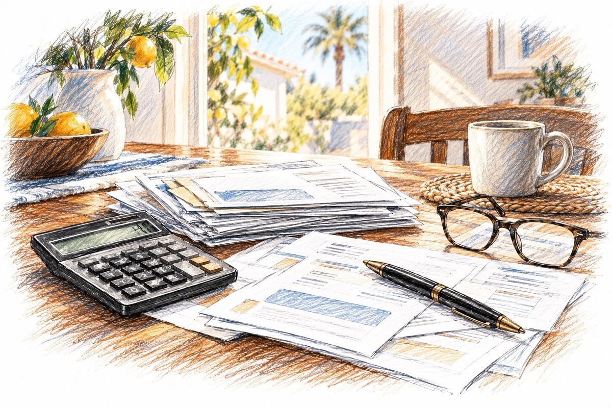 Pencil illustration of household bills, a calculator, glasses, and a pen in a Southern California home