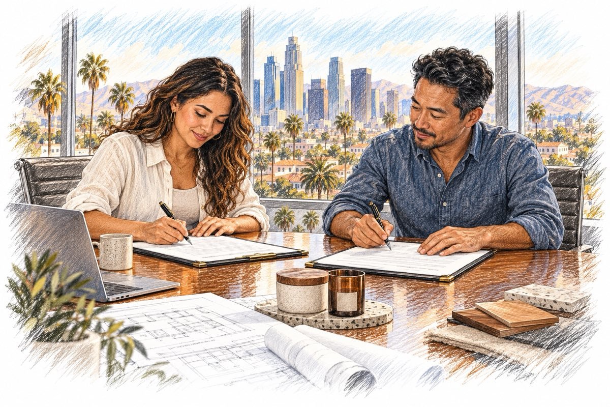 Pencil illustration of Southern California business owners signing formation documents