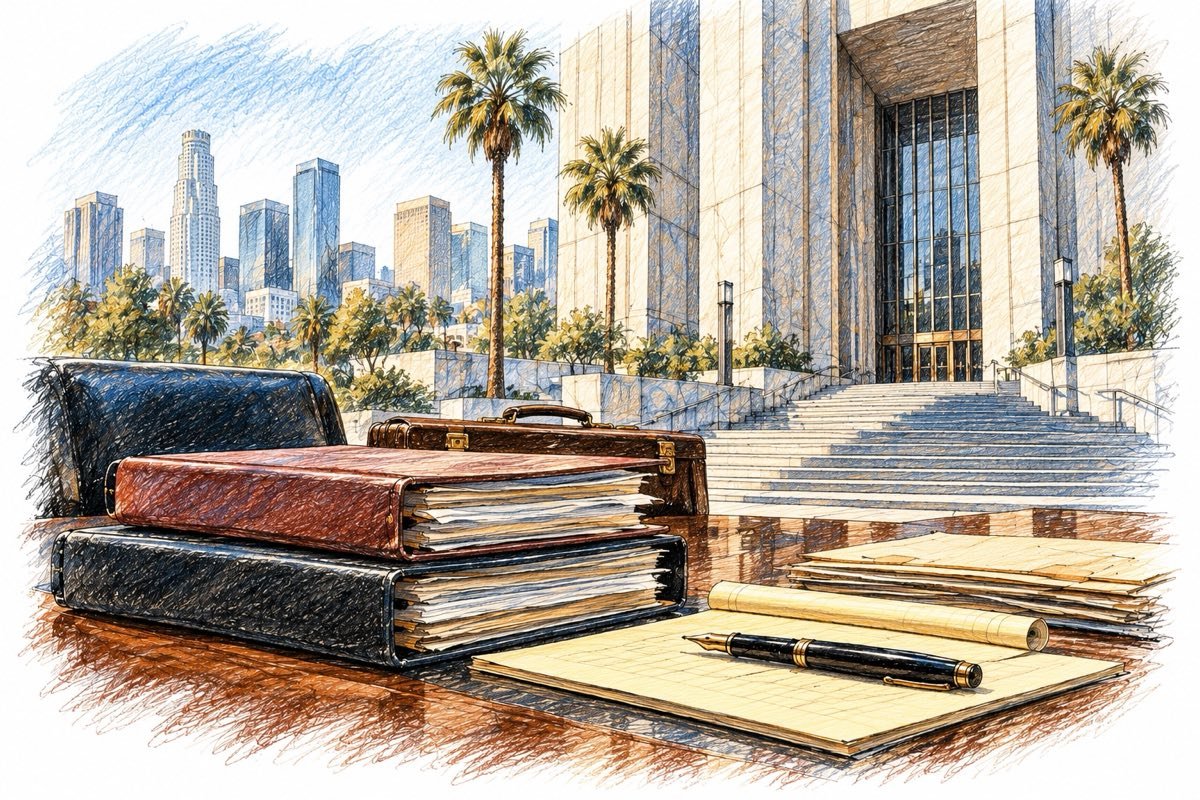 Pencil illustration of litigation files outside a Los Angeles courthouse