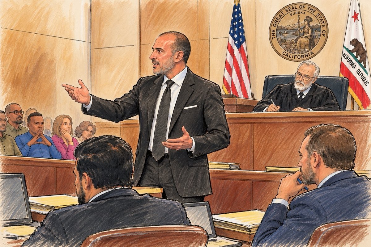 Courtroom sketch of attorney Henrik Mosesi standing and addressing the court