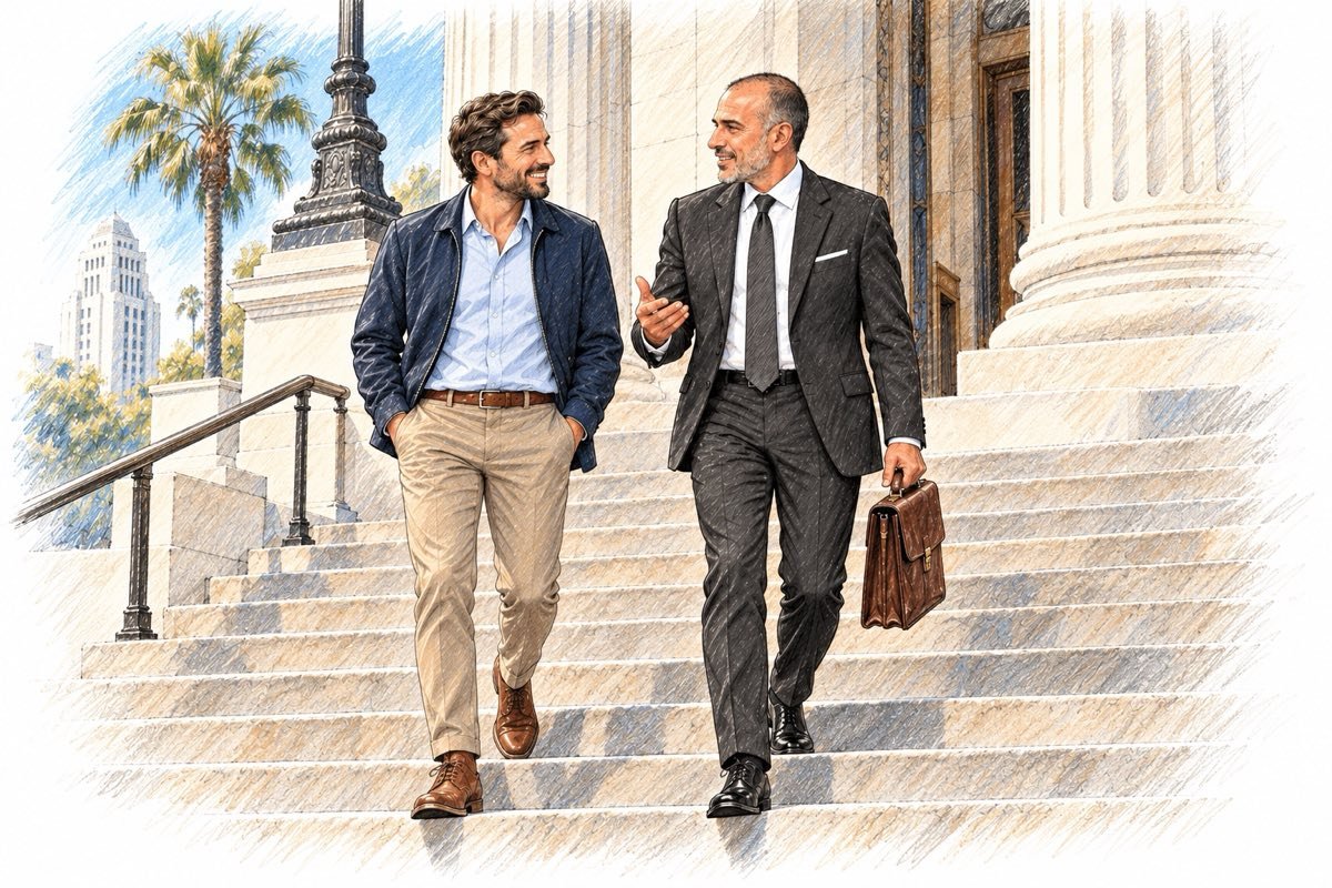Pencil illustration of Henrik Mosesi descending Los Angeles courthouse steps beside a client in business-casual clothing