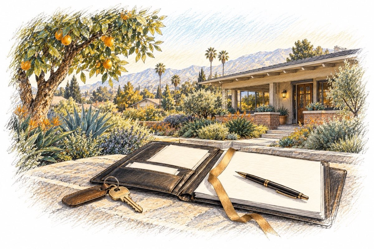 Pencil illustration of a Southern California home, estate documents, and house keys