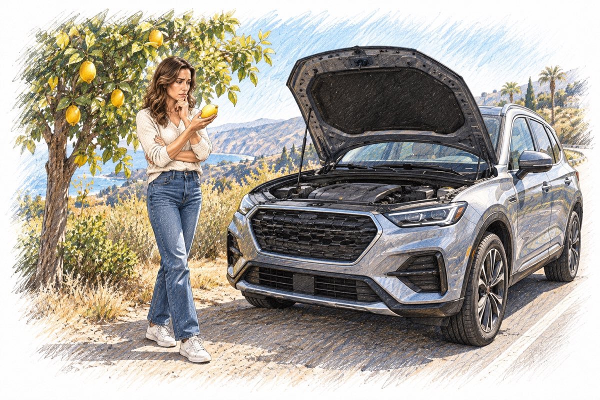 Colored-pencil sketch of a disappointed woman holding a lemon beside her broken-down new SUV and a lemon tree