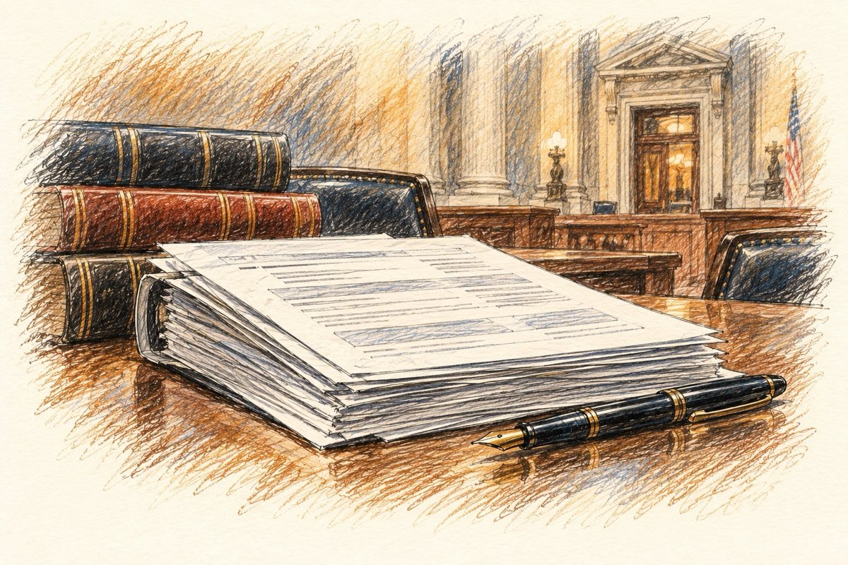 Pencil illustration of a published appellate opinion, law books, and a fountain pen