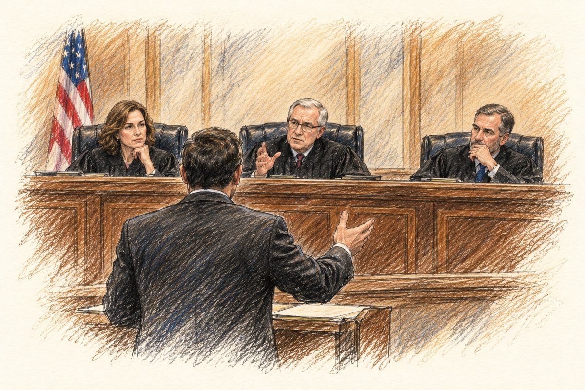 Pencil illustration of an attorney presenting argument to a three-judge appellate panel