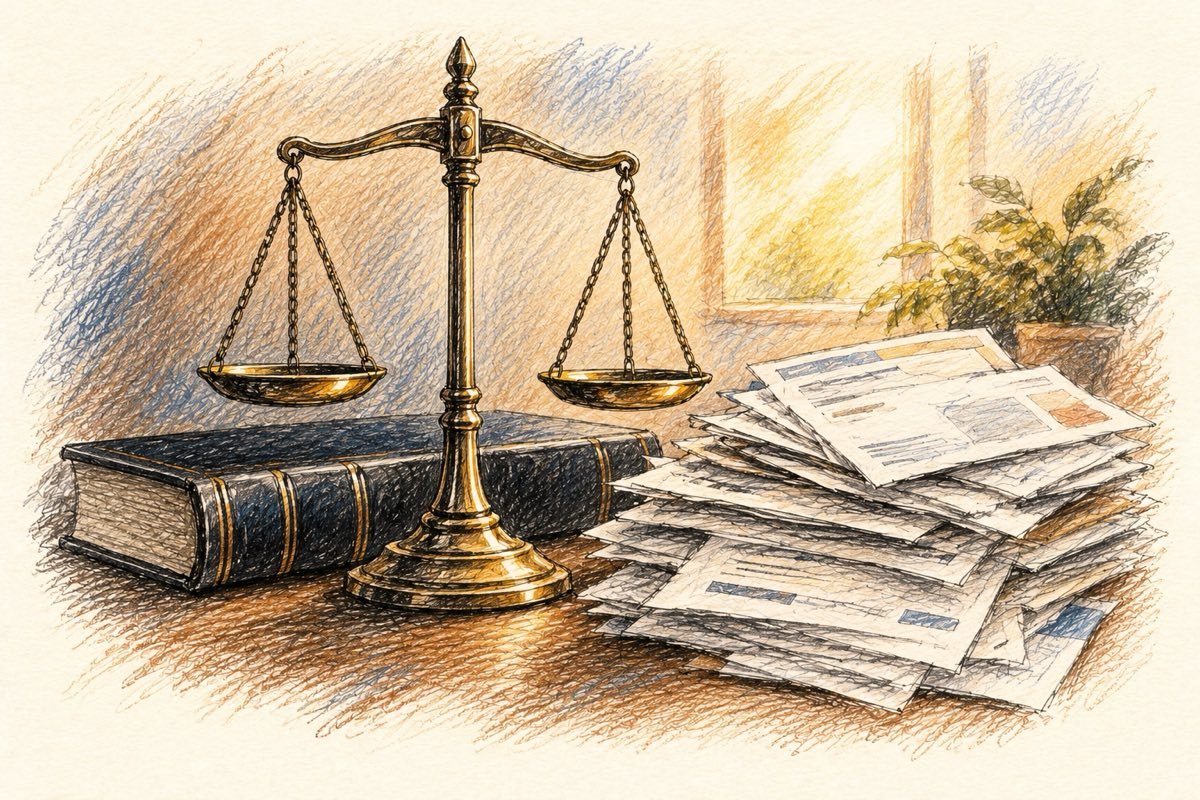 Pencil illustration of scales of justice beside bills and a legal volume